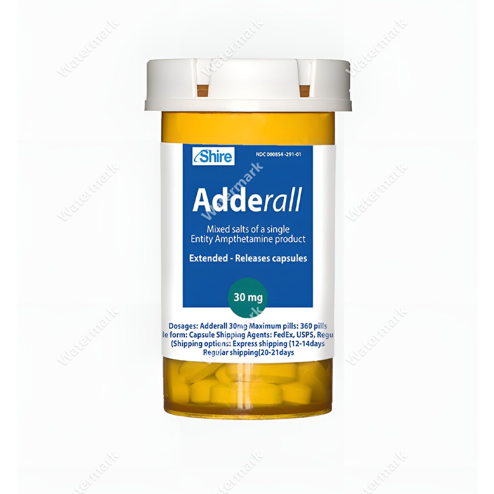 Флакон Аддералл 30 мг от Shire. Капсулы с длительным высвобождением (Extended-release). На этикетке указана высокая дозировка 30 мг, предназначенная для терапии СДВГ и нарколепсии.