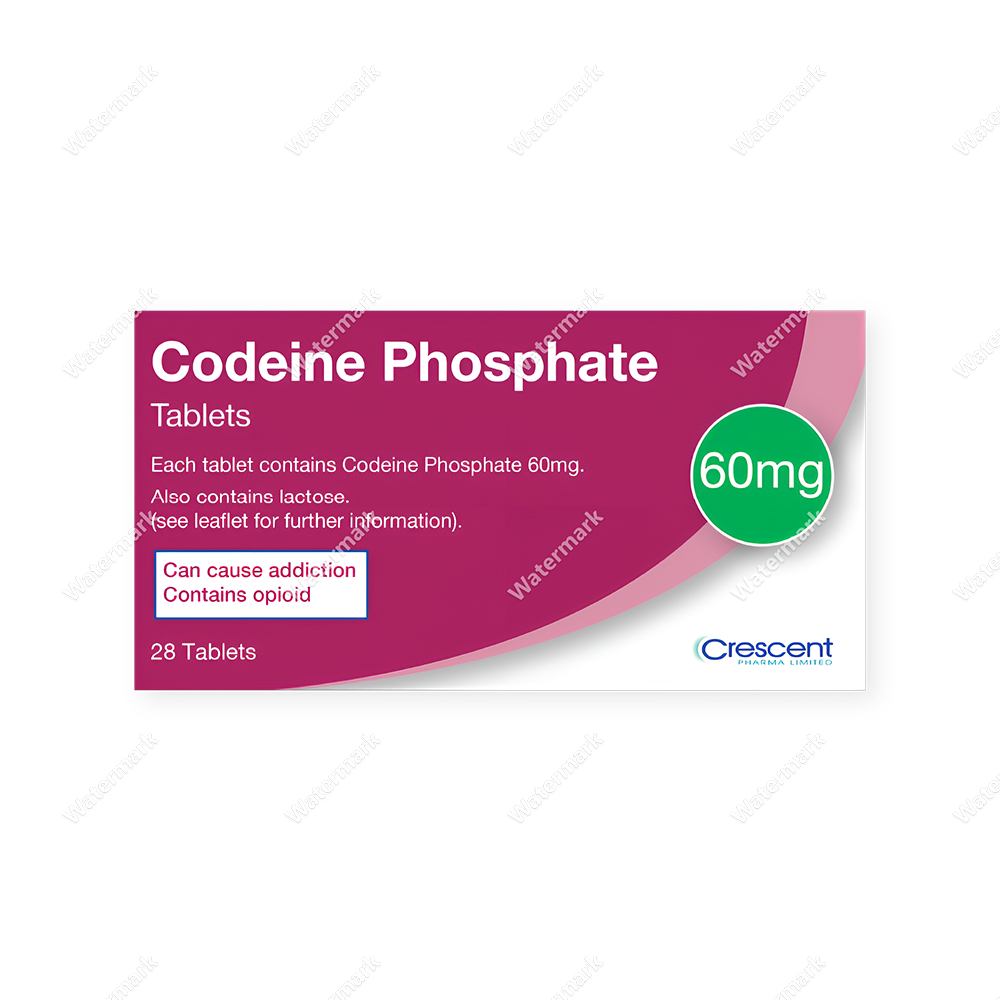Codeine Phosphate 60 mg от Crescent Pharma — упаковка 28 таблеток фосфата кодеина, высокодозный опиоидный анальгетик