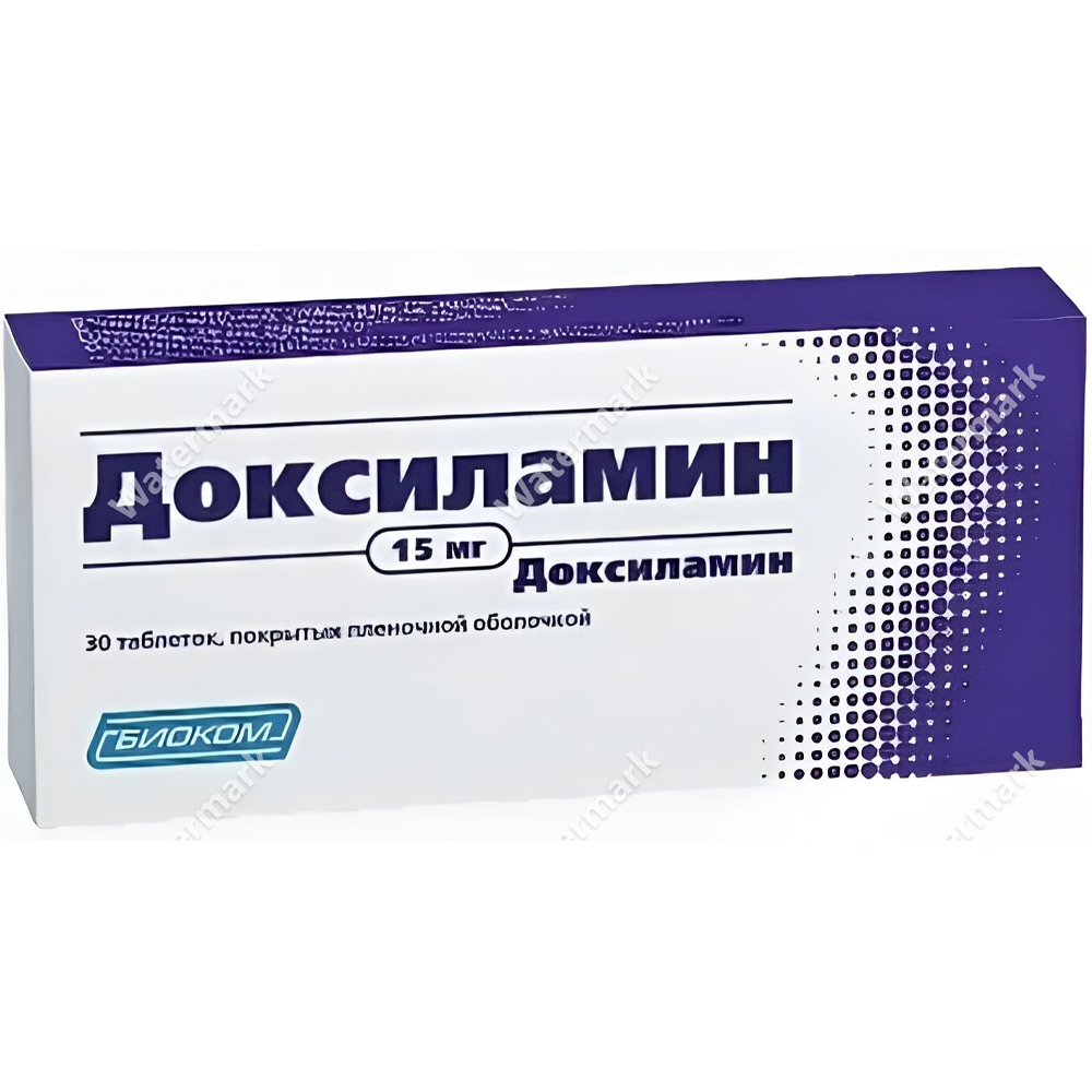 Упаковка препарата Доксиламин 15 мг от компании Биоком. Бело-фиолетовая коробка с крупным названием и точечным узором в правой части. Указано количество — 30 таблеток.