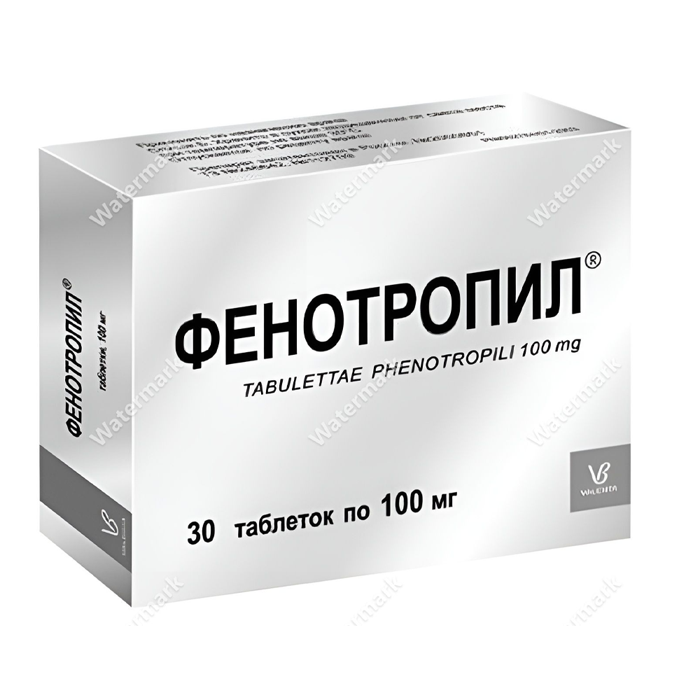 Картонная упаковка оригинального препарата Фенотропил (действующее вещество фонтурацетам). На белом фоне крупными черными буквами написано 'ФЕНОТРОПИЛ', ниже латинское название 'TABULETTAE PHENOTROPILI 100 mg'. В нижней части указано количество: '30 таблеток по 100 мг'. В углу расположен логотип производителя Valenta.