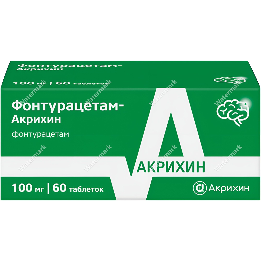 Ярко-зеленая картонная упаковка препарата 'Фонтурацетам-Акрихин'. На лицевой стороне указано название действующего вещества 'фонтурацетам', дозировка '100 мг' и количество '60 таблеток'. Справа изображена большая стилизованная буква 'А' и контурная иконка человеческого мозга, символизирующая ноотропное действие. Внизу логотип компании 'Акрихин'.