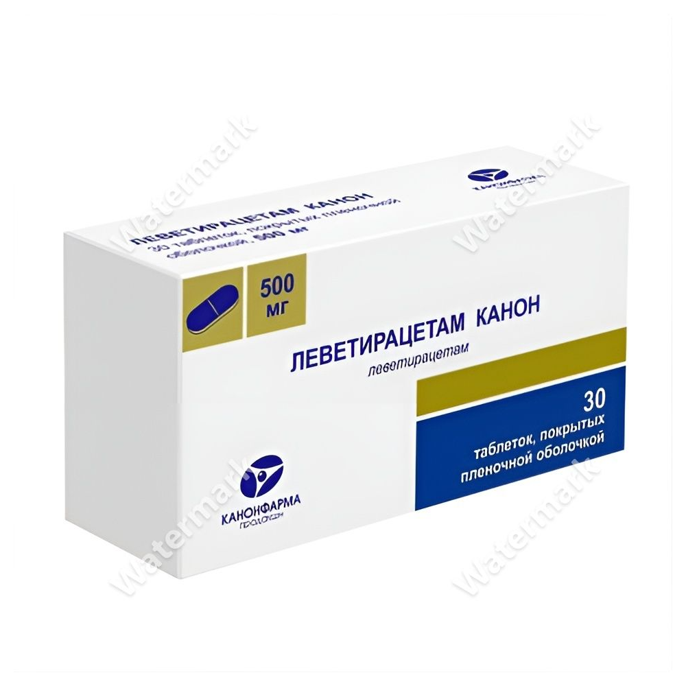 Препарат Леветирацетам Канон 500 мг, 30 таблеток. Белая упаковка с синими акцентами и логотипом производителя Канонфарма.
