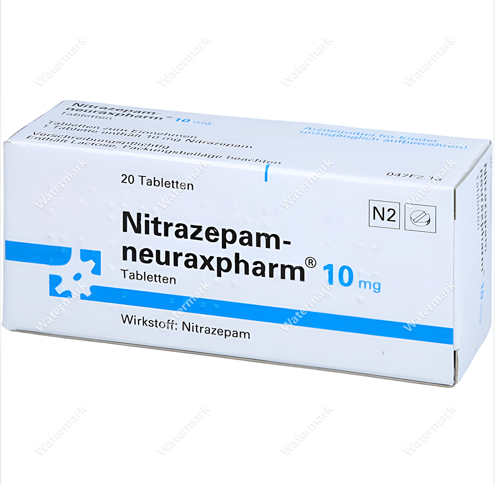 Упаковка препарата Нитразепам-нейраксфарм в дозировке 10 мг. Белая коробка с синими элементами дизайна, содержит 20 таблеток. Текст на упаковке на немецком языке.