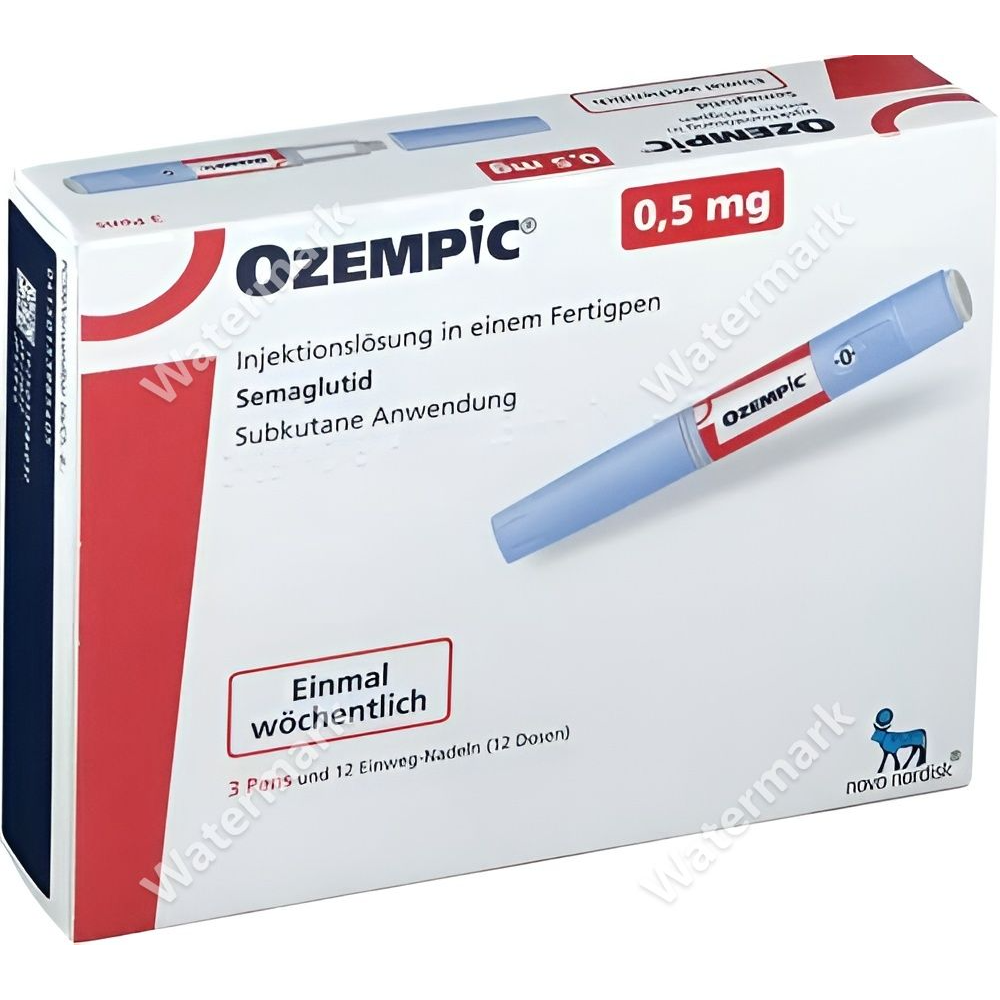 Упаковка препарата Оземпик (Ozempic) 0,5 мг с красной маркировкой. Немецкая версия пачки с указанием дозировки семаглутида для инъекций один раз в неделю.