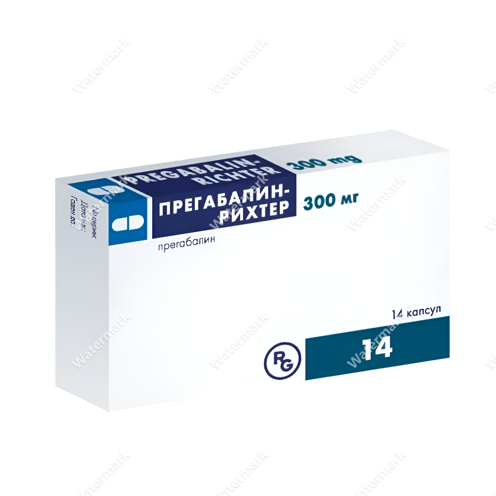 Упаковка препарата Прегабалин-Рихтер в максимальной дозировке 300 мг. Дизайн коробки в бело-синих тонах с логотипом Gedeon Richter. Содержит 14 капсул.