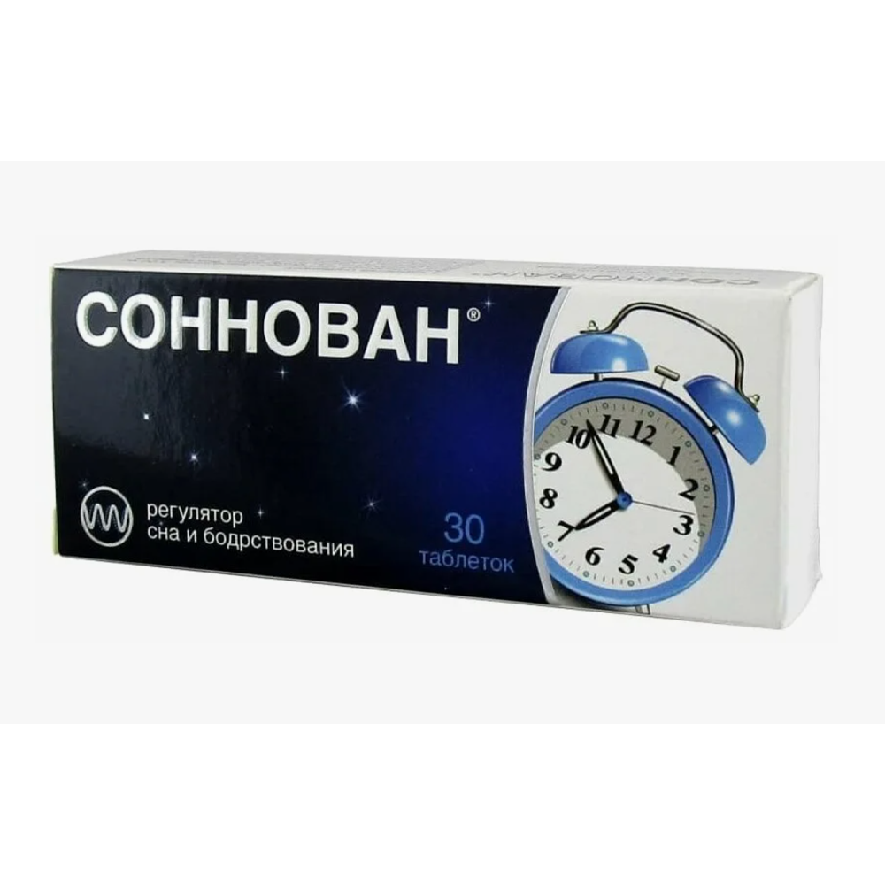 Горизонтальная упаковка Соннован на 30 таблеток. На переднем плане крупно изображен синий будильник, на синем фоне — название препарата и надпись «регулятор сна и бодрствования».