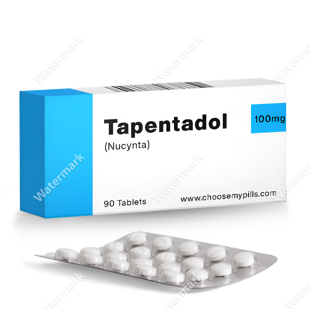 Упаковка Tapentadol (Nucynta) 100 мг — пачка на 90 таблеток и белые круглые таблетки в блистере, препарат для терапии тяжелых форм хронической и нейропатической боли