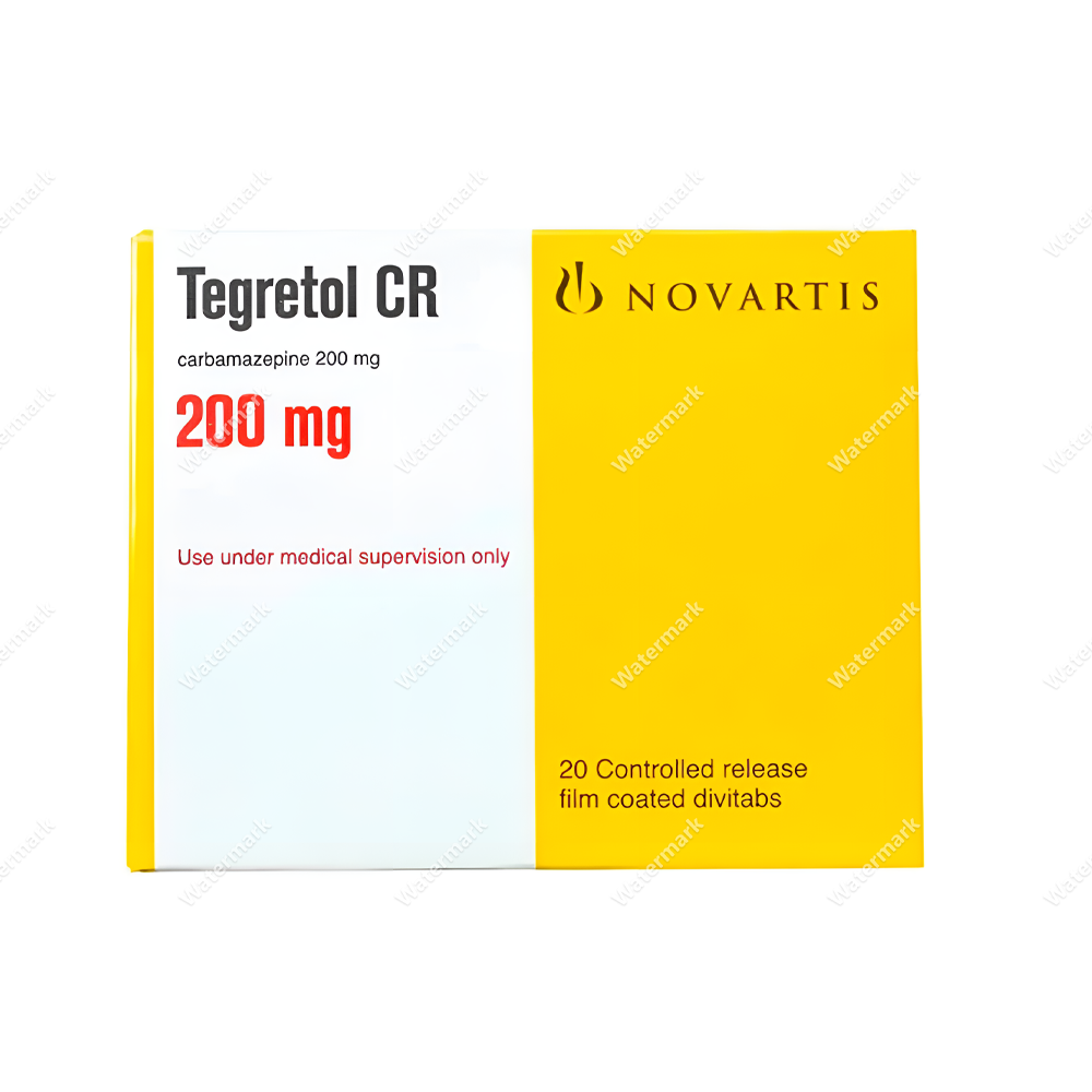 Упаковка препарата Тегретол ЦР (Tegretol CR) 200 мг от Novartis. Желто-белый дизайн с красным шрифтом. Указано, что это таблетки пролонгированного действия (20 штук)