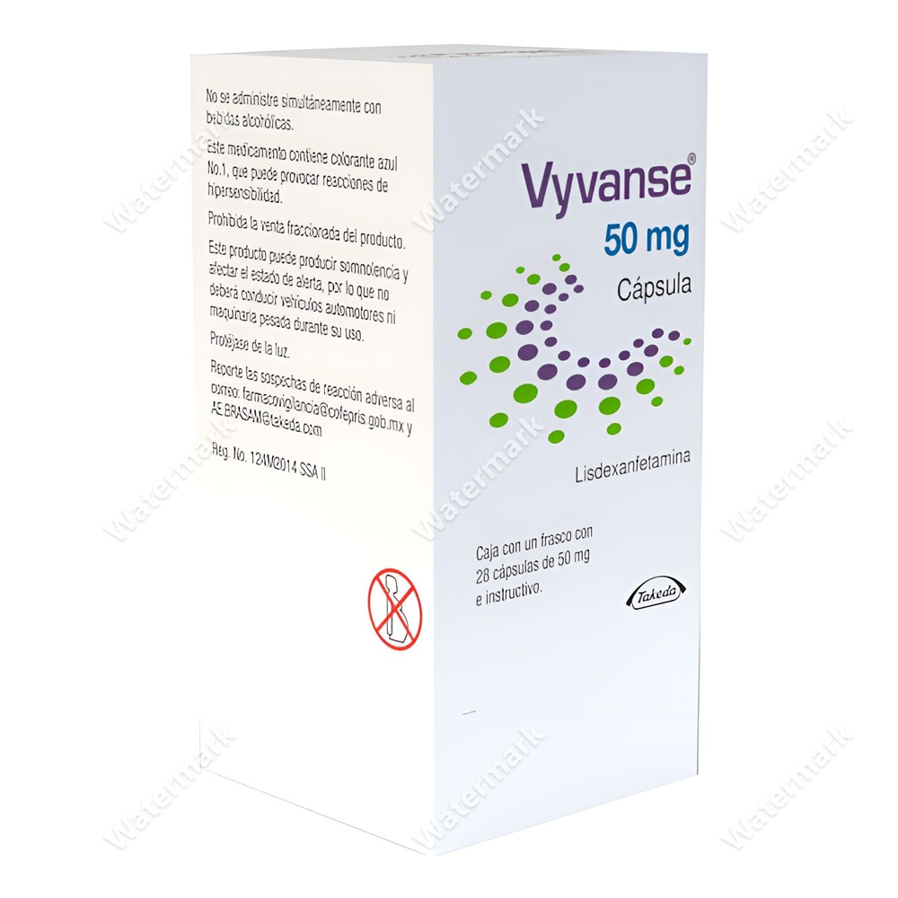 Картонная упаковка Vyvanse (Вайванс) в дозировке 50 мг. Белая вертикальная коробка с фирменным логотипом в виде спирали из фиолетовых и зеленых точек. Текст на испанском языке указывает на форму выпуска — капсулы.
